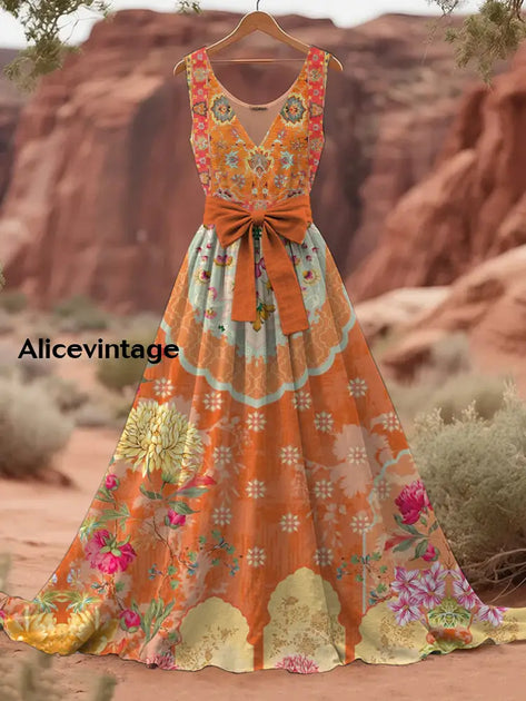 Vintage Floral Print V-Neck Maxi Dress main image 0