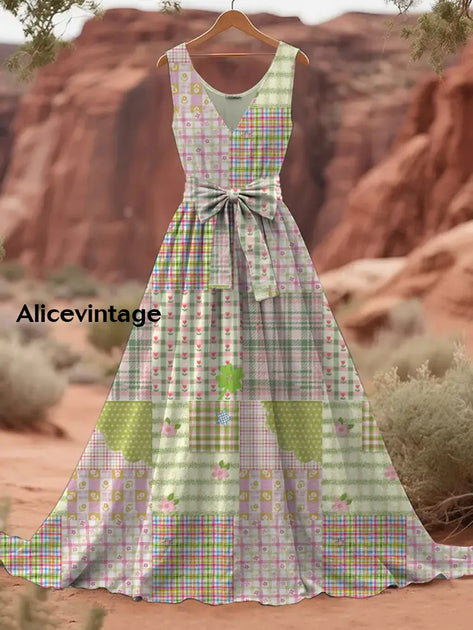 Vintage American Flag Floral Print V-Neck Sleeveless Maxi Dress