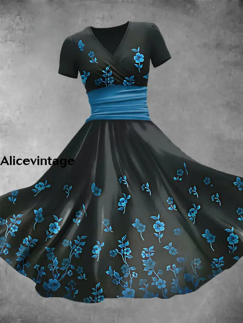 Vintage Blue Print Floral Short Birthday Dress A Line Homecoming Dress main image 0