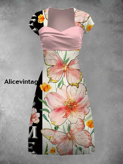 Bohemian Art Print Vintage Chic Short Sleeve Midi Dress
