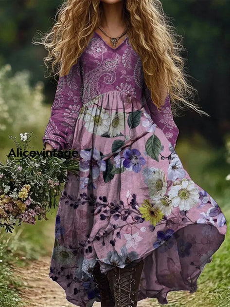 Retro Boho Floral Art Printed Elegant V-Neck Vintage Short Sleeve Maxi Dress main image 0