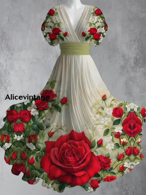 Retro Floral Art Printed Elegant V-Neck Vintage Short Sleeve Maxi Dress