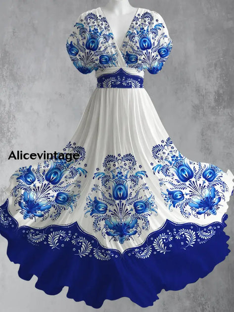 Retro Floral Art Print V-Neck Chic Short Sleeve Midi Dress main image 0
