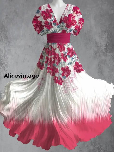 Retro Floral Art Print V-Neck Short Sleeve Vintage Maxi Dress main image 1