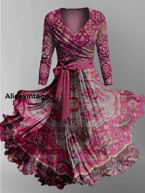 Floral Print Vintage V-Neck Long Sleeve Two Piece Midi Dress