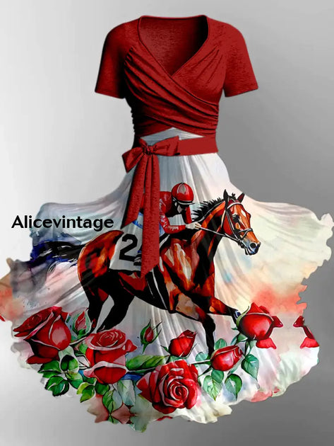 Derby Art Print V-Neck Short Sleeve Vintage Elegant Dress Derby Dress