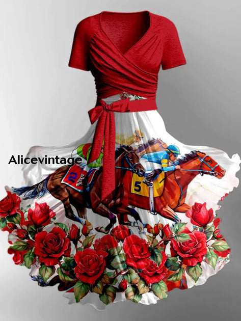 Horse Floral Art Print V-Neck Short Sleeve  Vintage Midi Dress Derby Dress main image 1