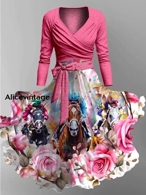 Retro Dreby Horse Art Printed Vintage Unique Slim Fit Cross Wrap Long Sleeve Two-Piece Midi Dress main image 1
