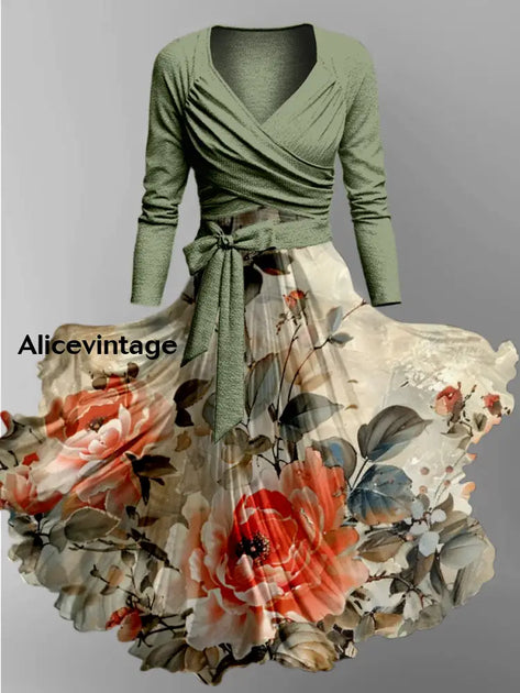 Musical Note Art Print Vintage V-Neck Long Sleeve Two-Piece Midi Dress