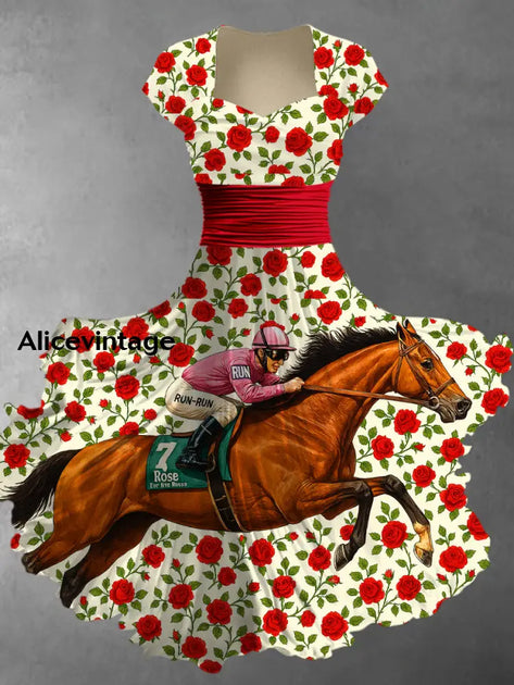 Derby Horse Art Printed Vintage V-Neck Pleated Waist Short Sleeve Midi Dress main image 0