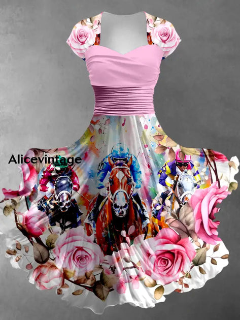 Derby Art Print V-Neck Short Sleeve Vintage Two-Piece Midi Dress Derby Dress main image 0