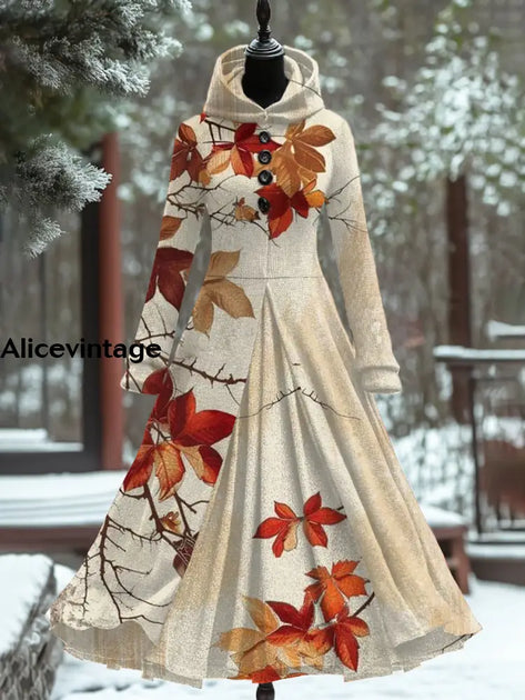 Christmas Floral Art Print Vintage Elegant Long Sleeve Fake Two-Piece Maxi Dress