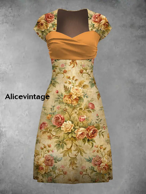 Floral Art Print Short Sleeve Vintage Dress main image 1
