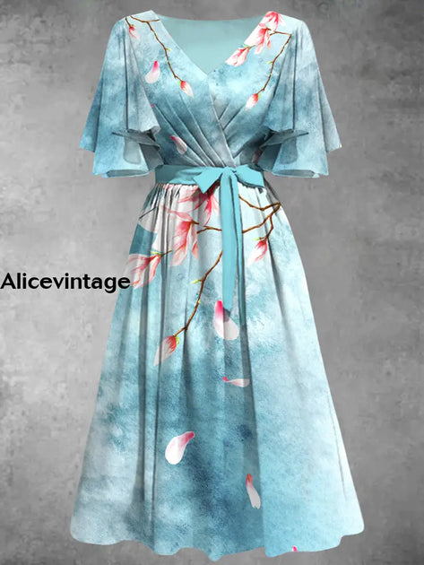 Floral Art Print V-Neck Vintage Chic Short Sleeve Midi Dress main image 0