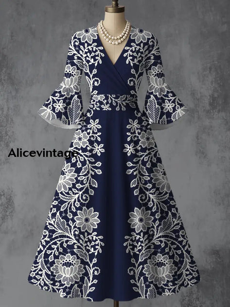 Mexican Floral Art Print V-Neck Flare Sleeve Vintage Elegant Dress main image 0