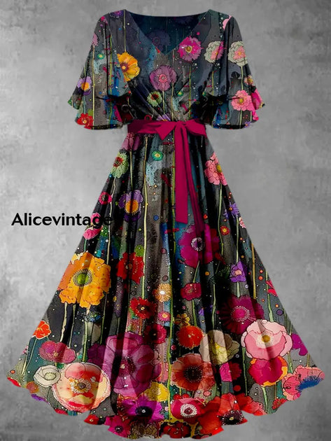 Floral Print V-Neck Vintage Chic Short Sleeve Midi Dress