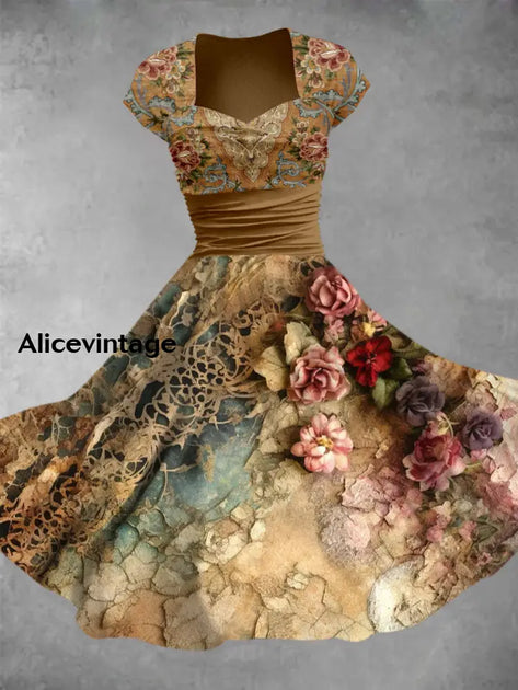 Floral Print V-Neck Vintage Chic Short Sleeve Midi Dress main image 0