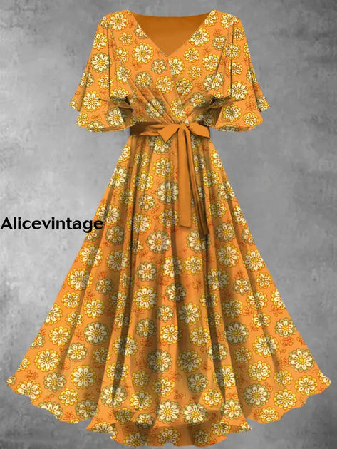 Leaf Art Print V-Neck Vintage Fashion Short Sleeve Midi Dress main image 1