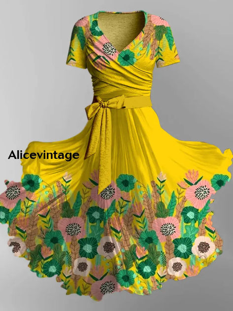 Vintage Floral Print V-Neck Long Sleeve Two-Piece Midi Dress
