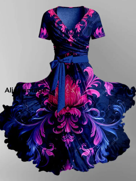 Retro Floral Art Print Vintage Chic V-Neck Button Up Long Sleeve Midi ...