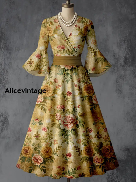 Floral Art Print V-Neck Flare Sleeve Vintage Elegant Dress main image 1
