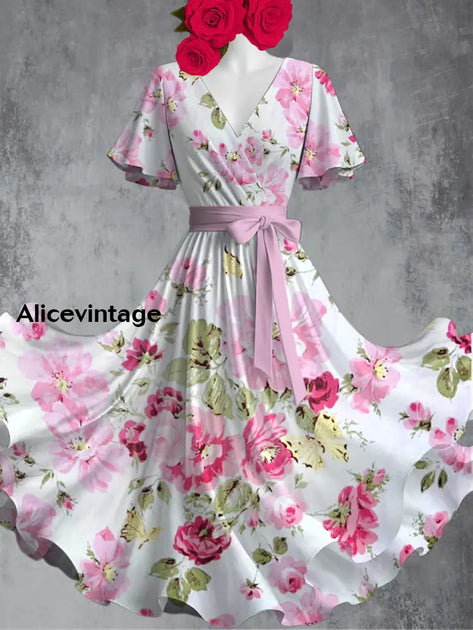 Floral Art Print V-Neck Short Sleeve Vintage Midi Dress main image 1
