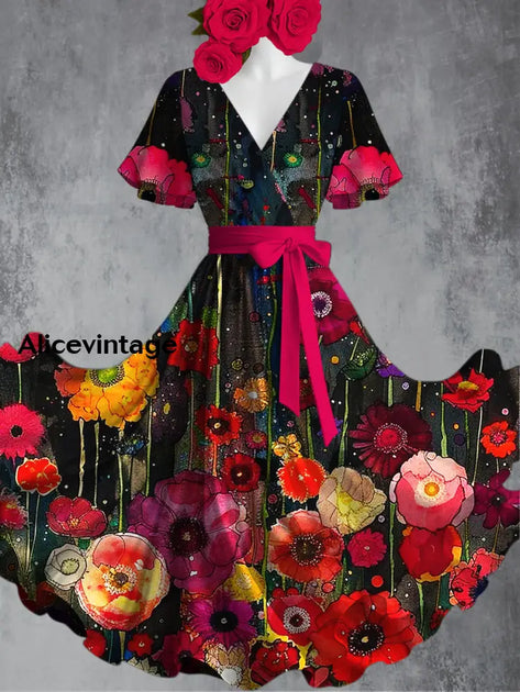 Derby Floral Art Print V-Neck Short Sleeve Vintage Midi Dress main image 0