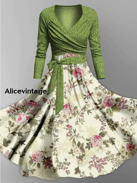 Floral Print Vintage V-Neck Long Sleeve Two-Piece Midi Dress  alicevintage