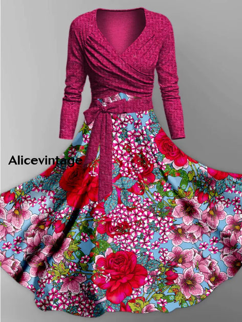 Floral Print Vintage V-Neck Short Sleeve Two-Piece Midi Dress main image 1