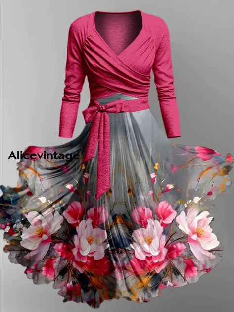 Derby Rose Art Print Vintage V-neck Long Sleeve Two-Piece Midi Dress main image 1