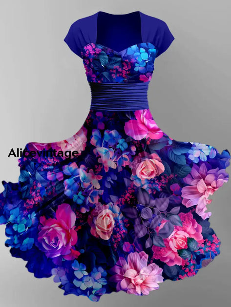 Floral Art Print V-Neck Vintage Chic Short Sleeve Midi Dress  alicevintage