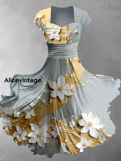 Derby Floral Art Print V-Neck Short Sleeve Vintage Midi Dress