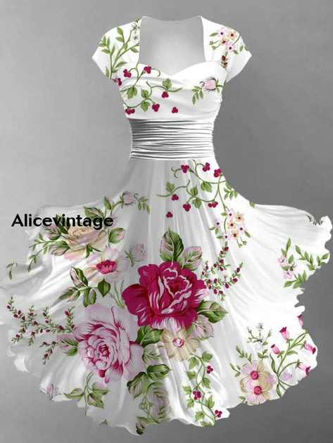 Floral Art Print V-Neck Vintage Elegant Chic Flowy Midi Dress main image 1