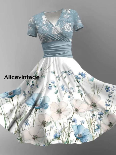 Retro Skull Art Printed Vintage V-Neck Pleated Waist Short Sleeve Midi Dress main image 1