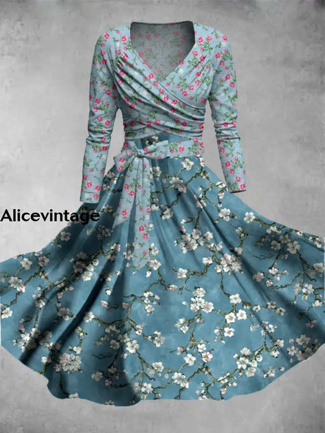 Retro Floral Print V-Neck Long Sleeve Two-Piece Midi Dress  alicevintage