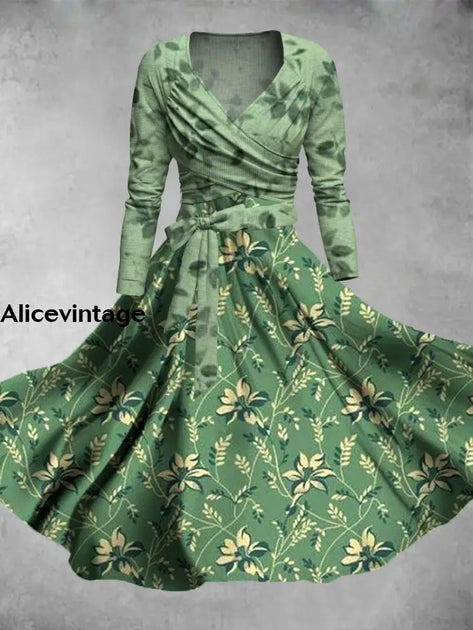 Retro Floral Print V-Neck Long Sleeve Two-Piece Midi Dress  alicevintage