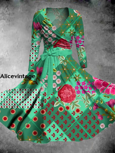 Floral Print Vintage V-Neck Long Sleeve Two Piece Midi Dress main image 0