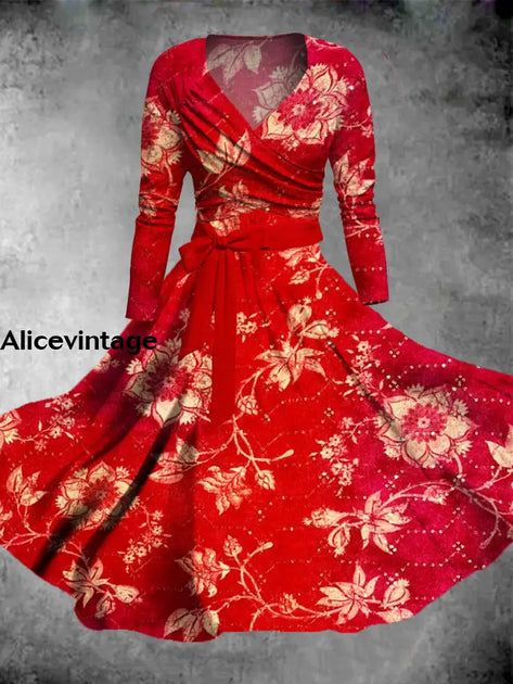 Retro Floral Print V-Neck Long Sleeve Two Piece Midi Dress  alicevintage