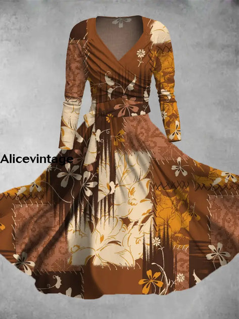 Gradient Art Print Vintage V-Neck Long Sleeve Two-Piece Midi Dress