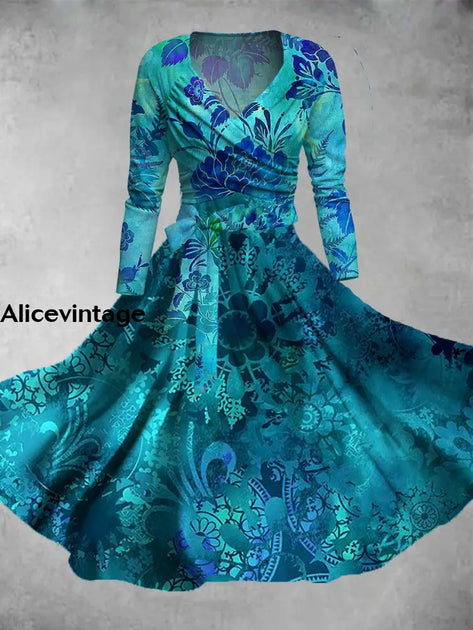 Floral Art Print Vintage V-Neck Long Sleeve Two-Piece Midi Dress main image 1
