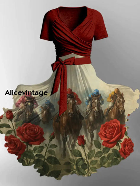 Derby Art Print V-Neck Short Sleeve Vintage Two-Piece Midi Dress Derby ...