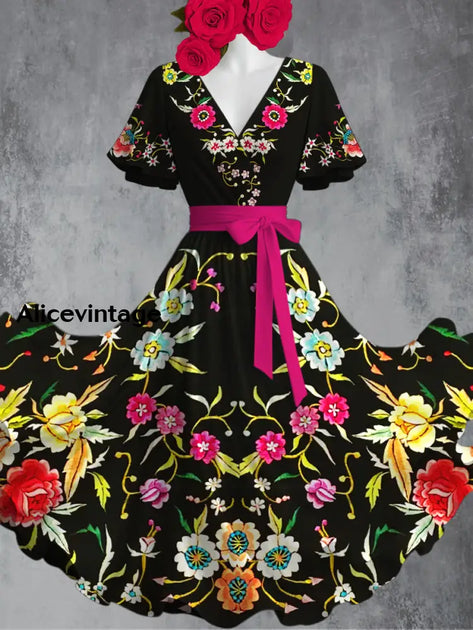 Mexican Floral Art Print Short Sleeve Vintage Midi Dress main image 0