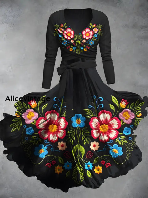 Mexican Floral Print V-Neck Short Sleeve Vintage Dress