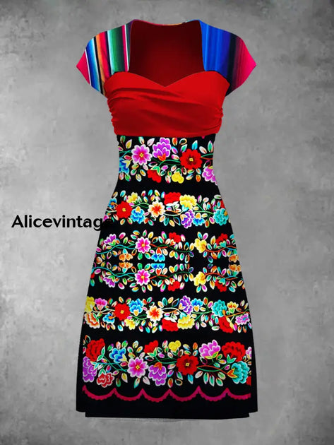 Mexican Floral Art Print V-Neck Flare Sleeve Vintage Elegant Dress