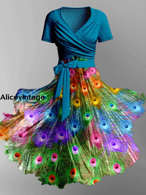 Peacock Feather Art Print Short Sleeve Vintage Two-Piece Midi Dress main image 0