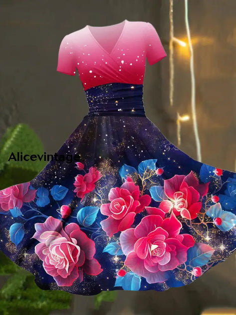 Retro Christmas Floral Art Printed V-Neck Vintage Fashion Short Sleeve Midi Dress main image 0