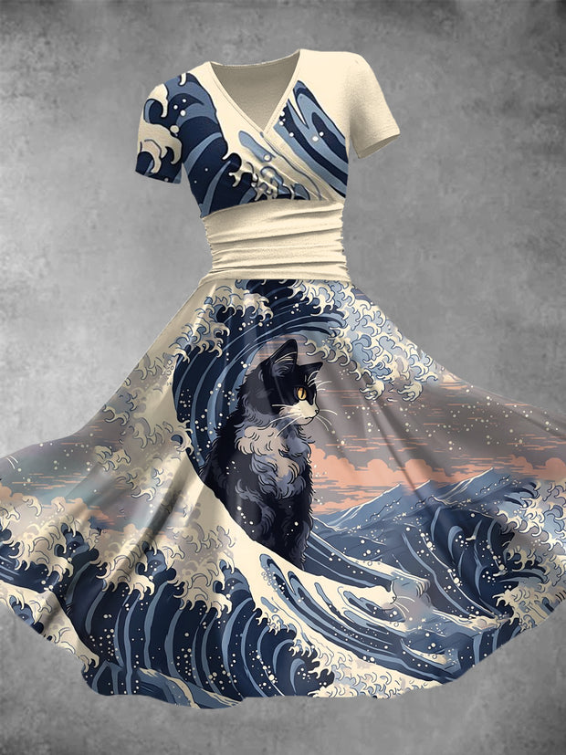Cat In The Wave Art Print V Neck Short Sleeve Midi Dress