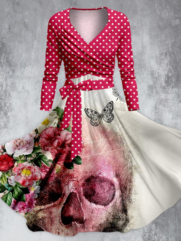 Pink Polka Dot Skull Print Elegant Vintage Chic Sleeveless Tank Top Midi Dress