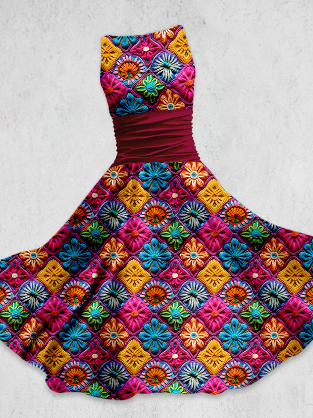 Colorful Bohemian Floral Print Elegant Vintage Chic Sleeveless Tank Top Midi Dress