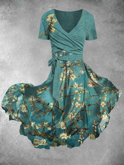 Vintage Floral Art Print V-Neck Short Sleeve Midi Dress